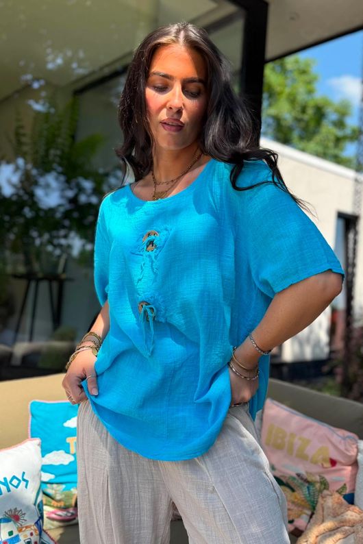 Izi Cheesecloth Button Tee Turquoise